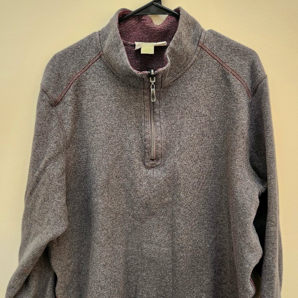 Tommy Bahama Sweater Men's XL Gray, interor is Red 1/4 Zip Pullover Mock Neck